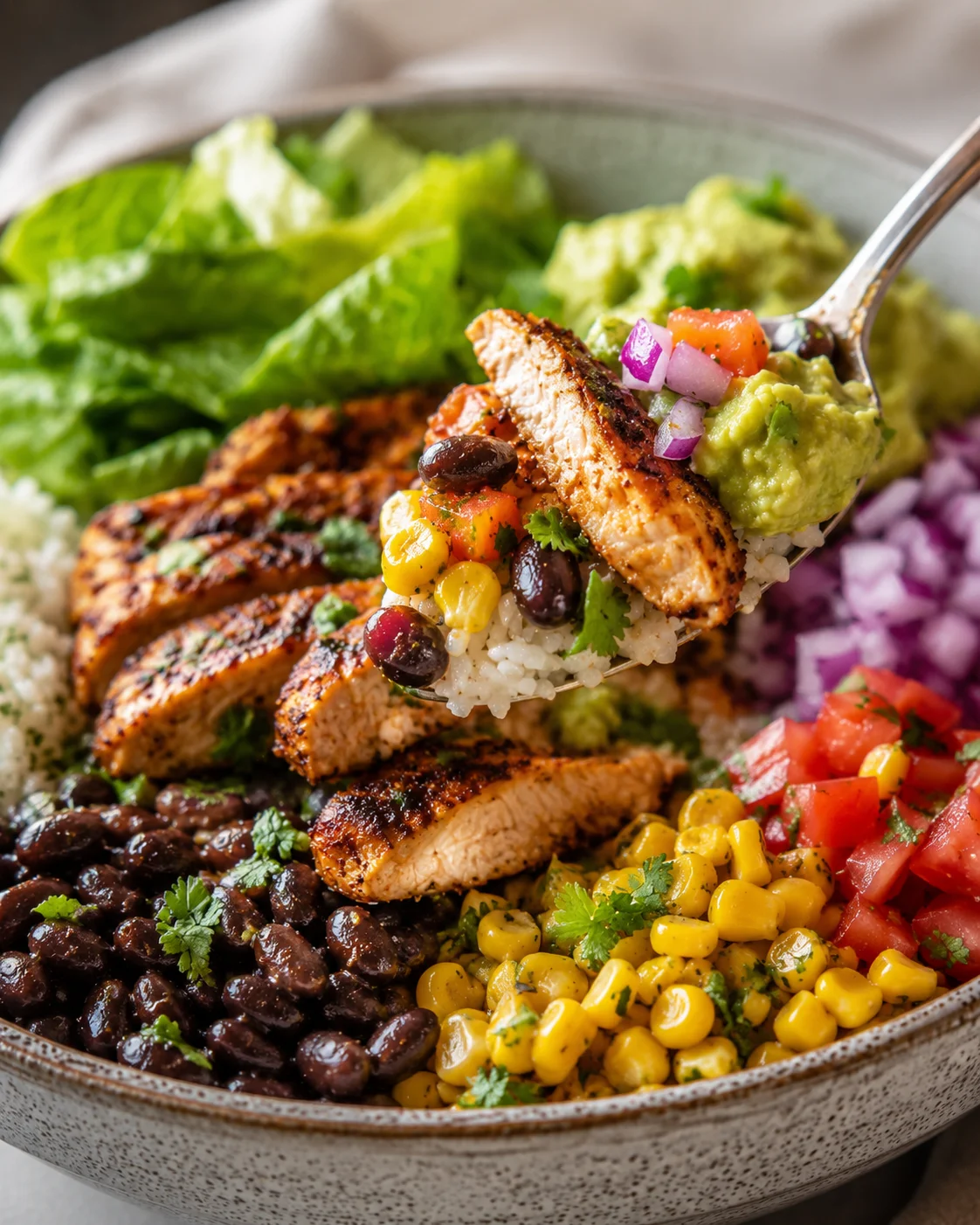 Close-up of a colorful chicken burrito bowl with rice, beans, avocado, and toppings