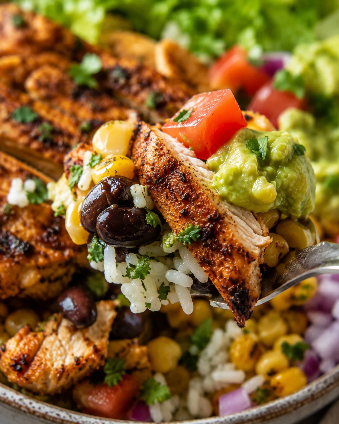 Close-up of a colorful chicken burrito bowl with rice, beans, and toppings.