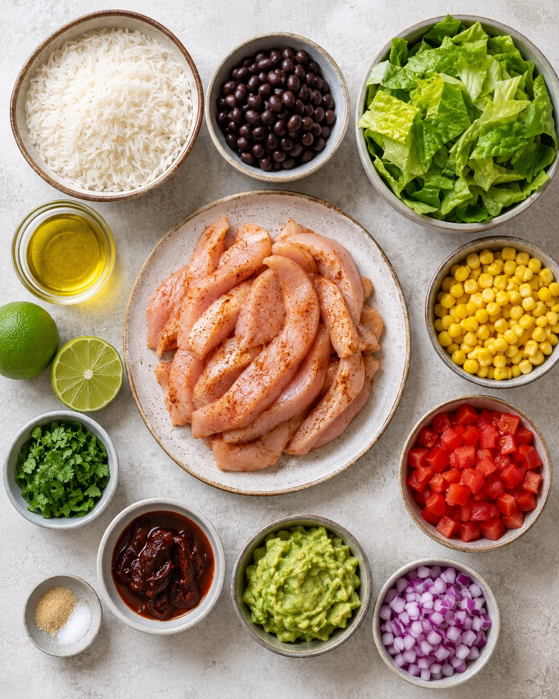 Assorted fresh ingredients for homemade chicken burrito bowls with rice and toppings