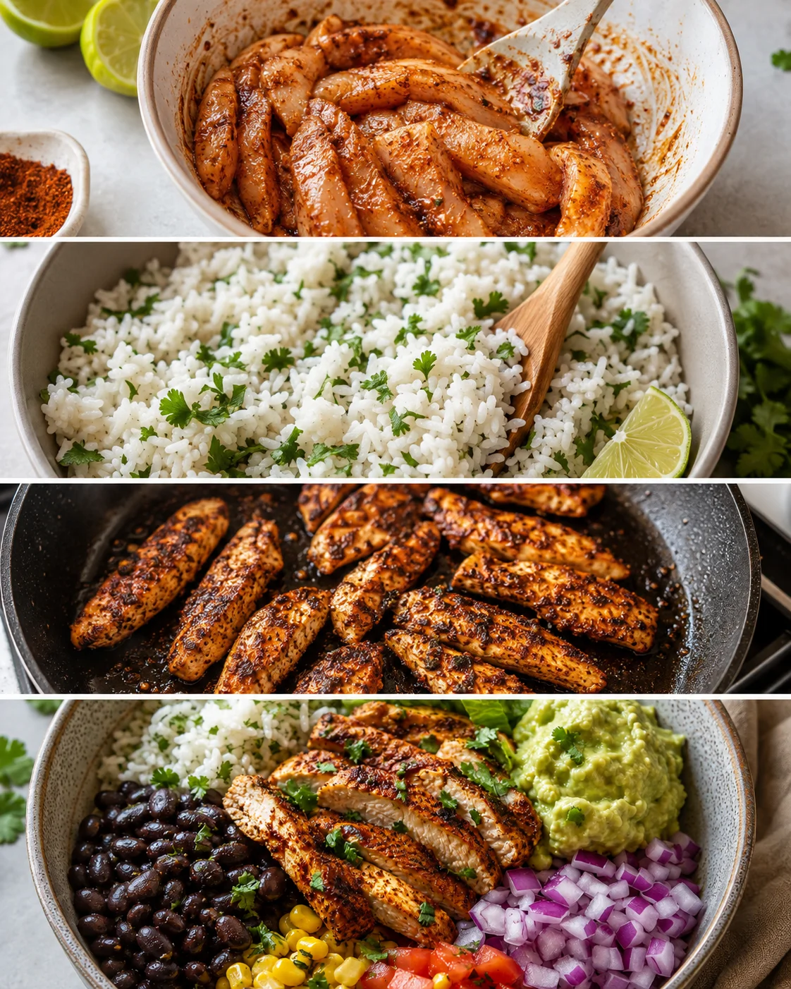 Four-panel collage of marinated chicken, cilantro rice, skillet-cooked chicken, and a plated chicken bowl with beans and veggies.