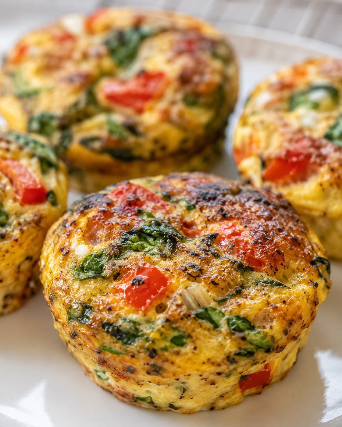 Close-up of golden-veggie egg muffins with red peppers, spinach, and herbs on a white plate
