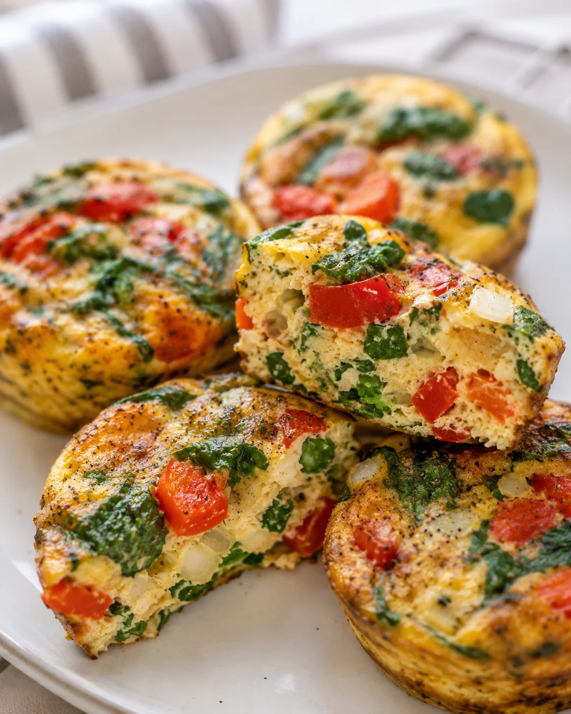 Plate of golden-brown savory egg bites packed with peppers, spinach, and onions.