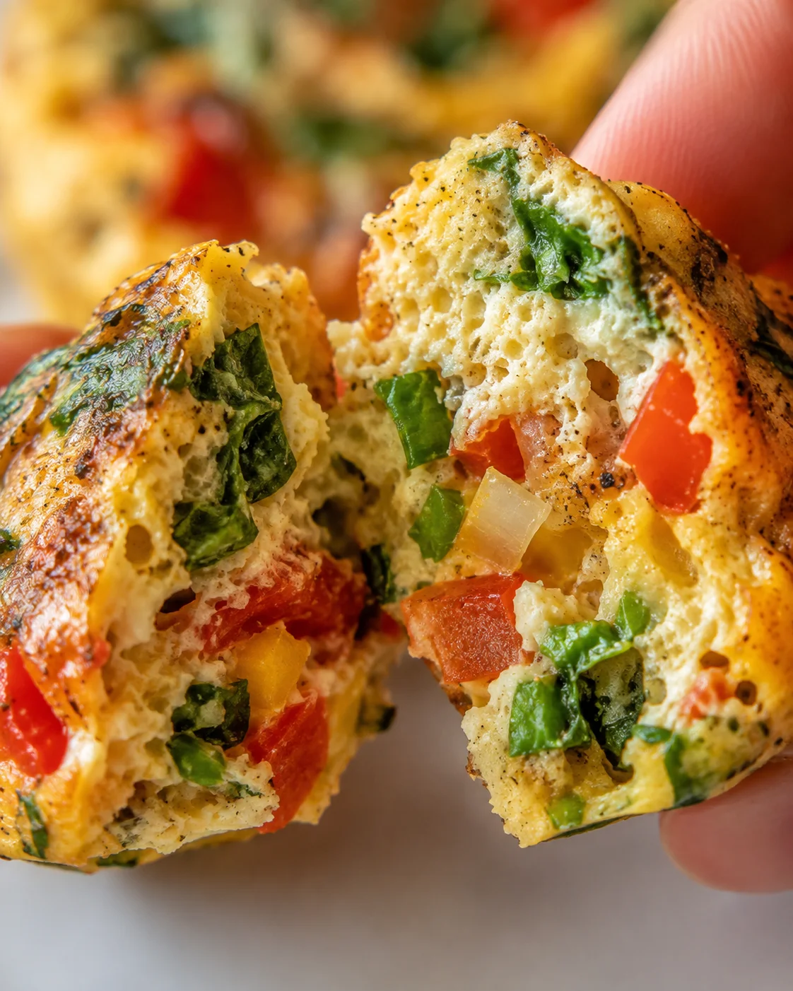 hand-held close-up of golden-brown stuffed bread bites with spinach, red pepper, and onions