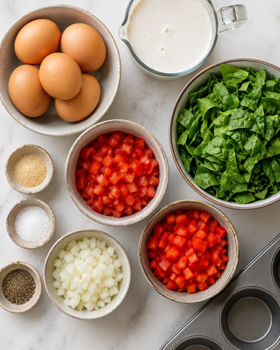 top-down view of eggs, spinach, diced tomatoes, onions, and milk in ceramic bowls on a marble countertop