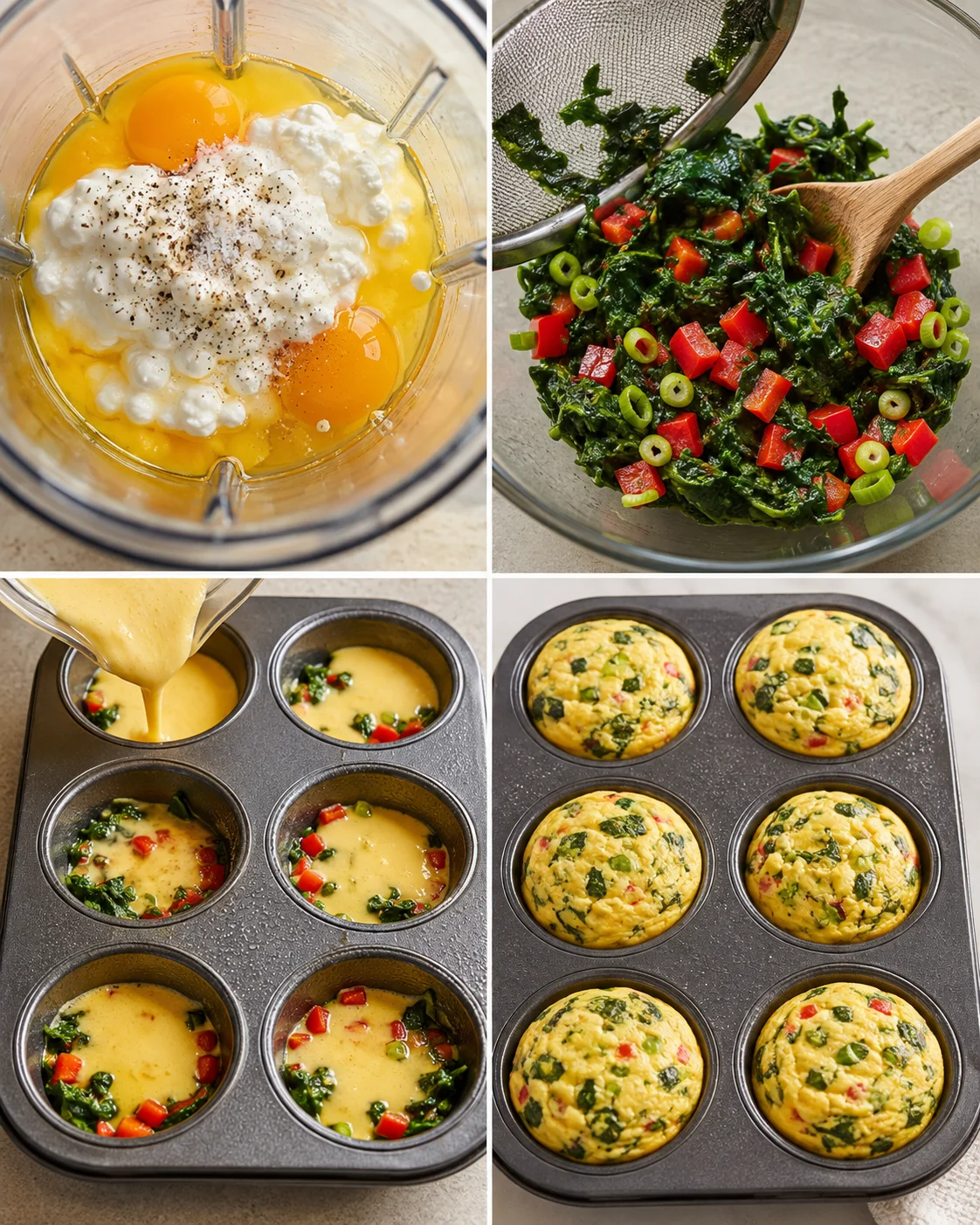 Preparation of healthy egg bites with spinach, red peppers, and cottage cheese in muffin tins.