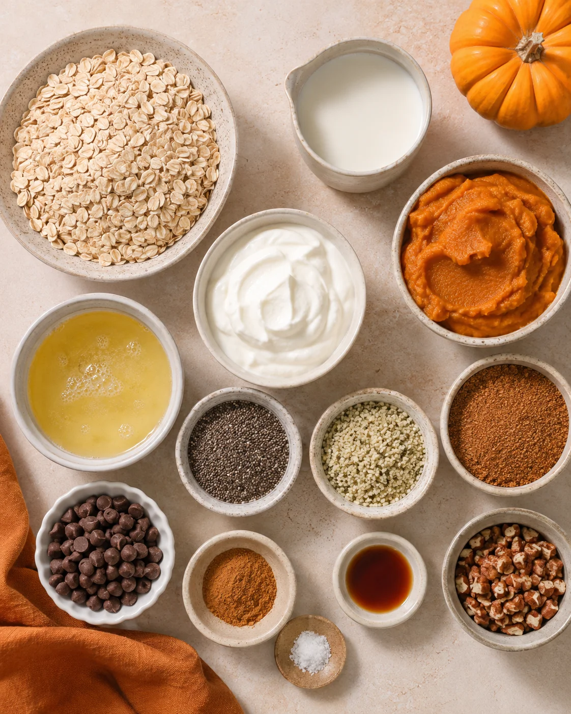 Overhead view of oats, yogurt, pumpkin puree, milk, and spices in ceramic bowls on a beige countertop.