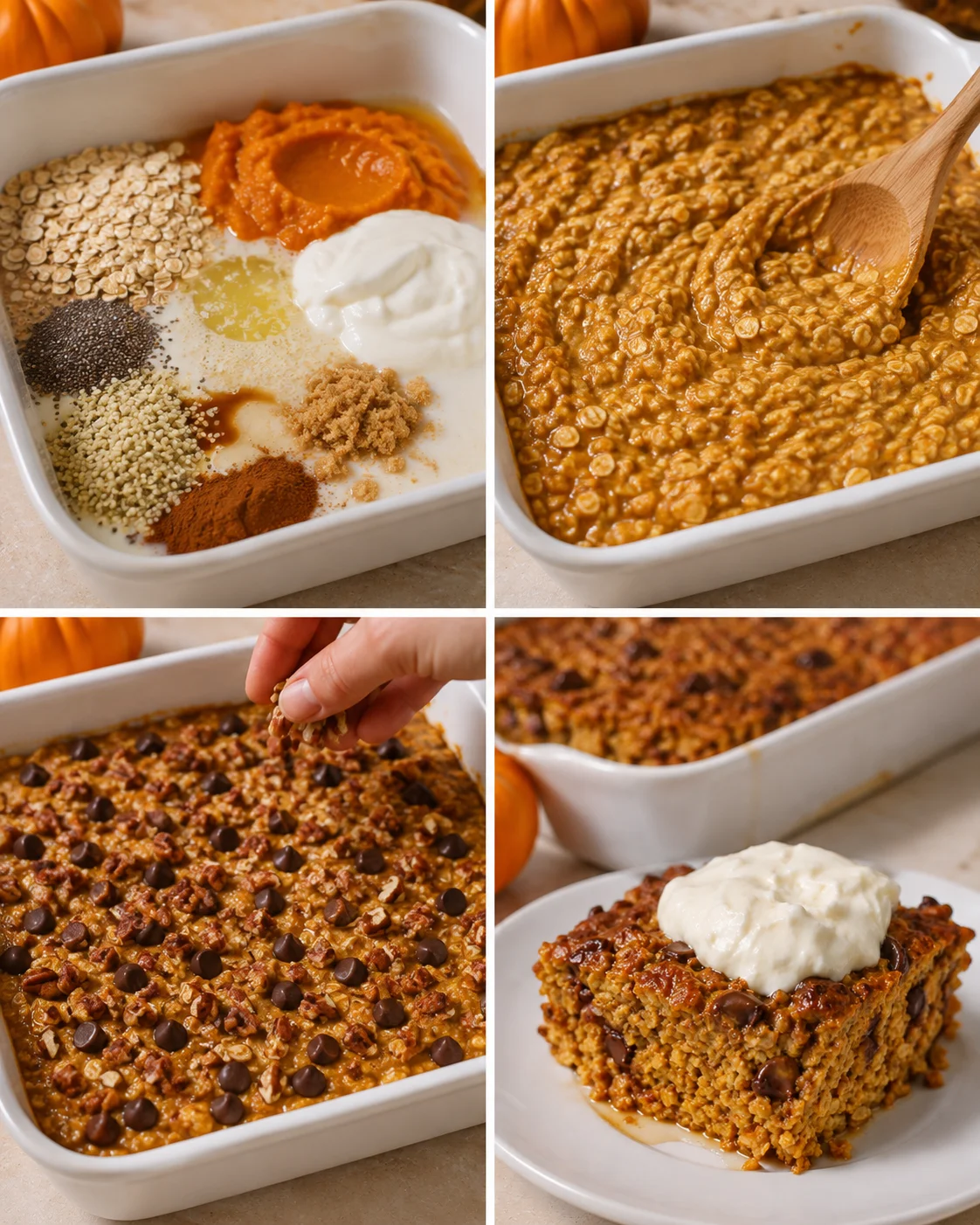 Delicious baked oatmeal with pumpkin, chocolate chips, and a creamy topping.