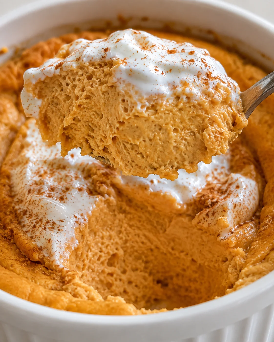 Close-up of creamy pumpkin ice cream scoop with whipped cream and cinnamon in a white bowl.