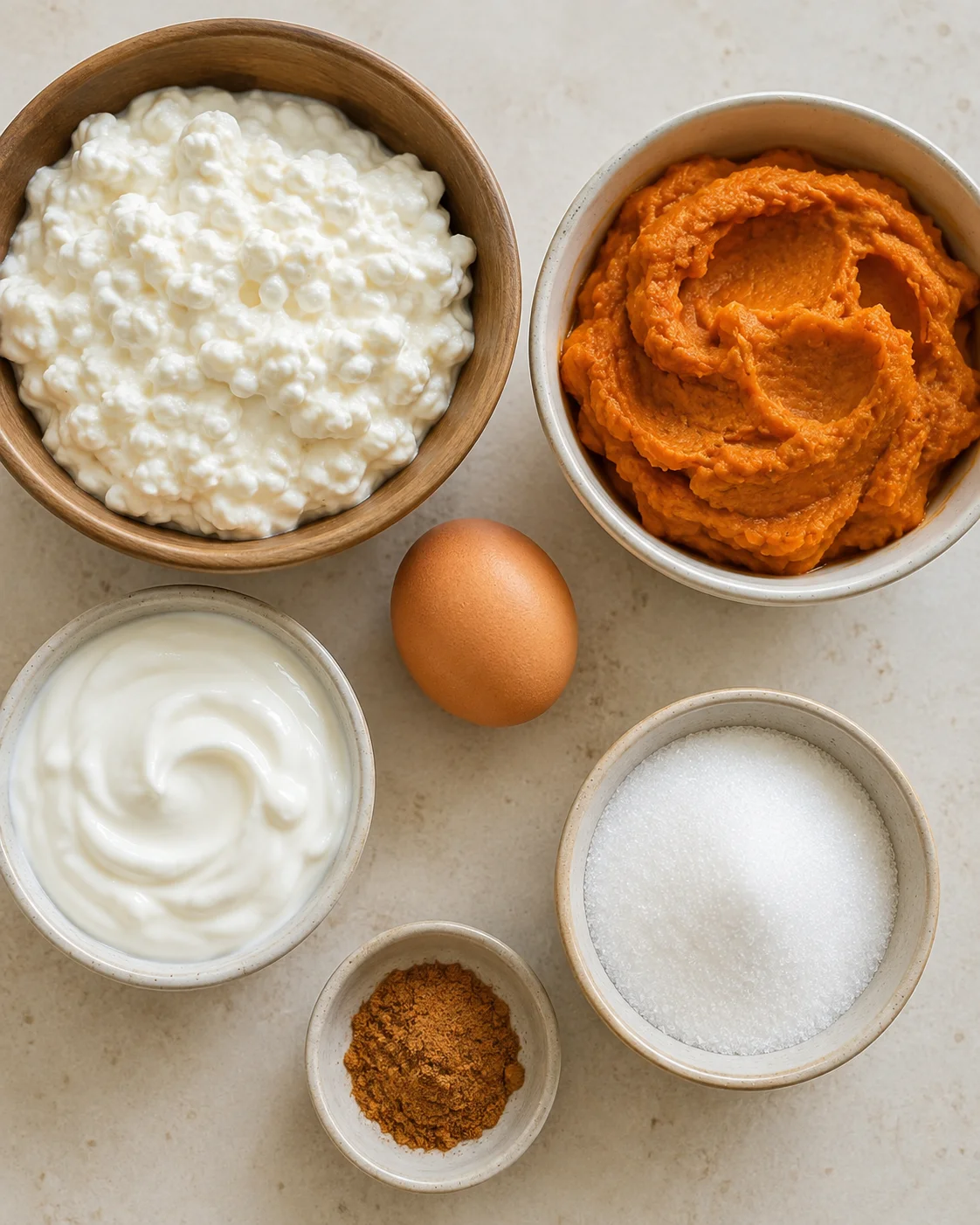 Overhead view of bowls containing yogurt, cottage cheese, pumpkin puree, an egg, sugar, and cinnamon.
