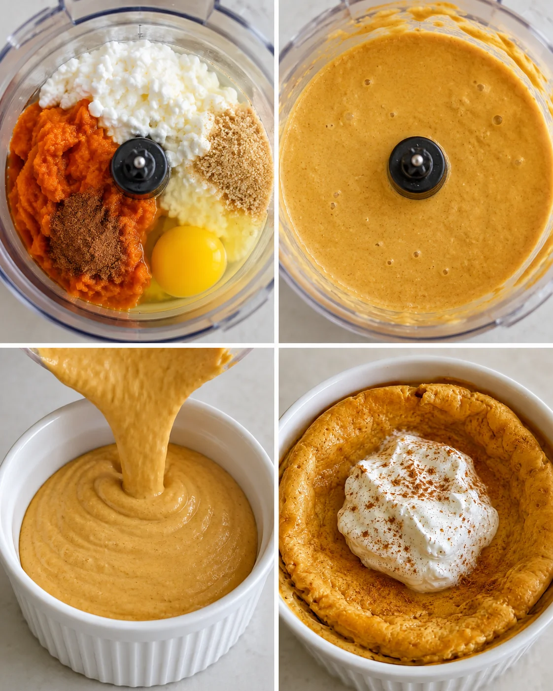 Collage of pumpkin pie prep: ingredients in blender, blended batter, poured into ramekins, finished mini pumpkin pie.