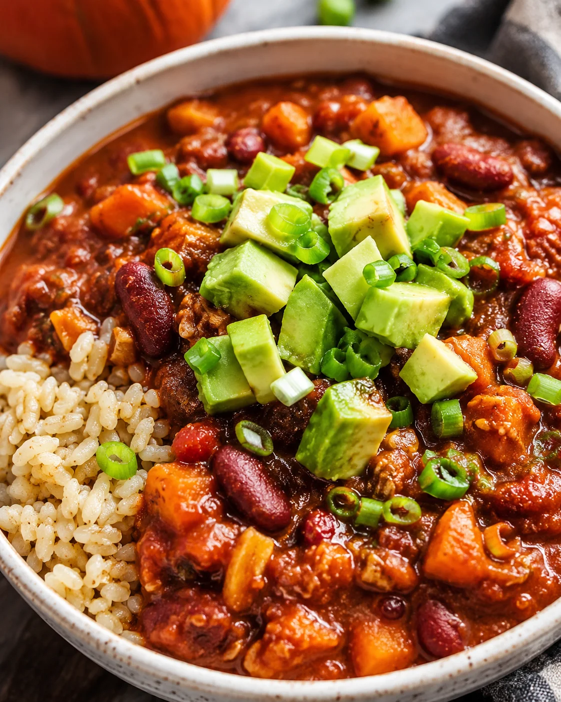 A bowl of chili-stew with avocado cubes and chopped green onions on a bed of rice.
