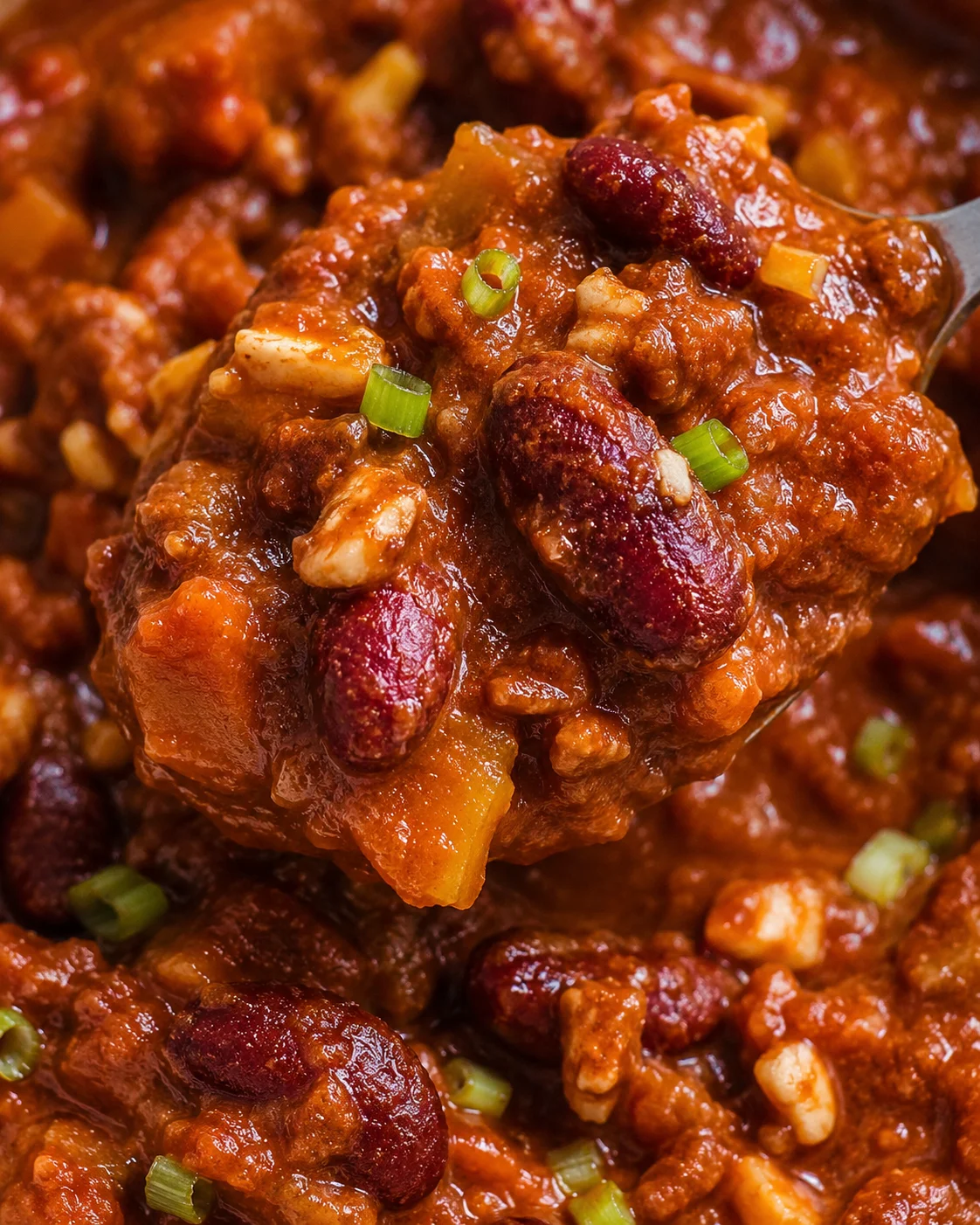 Close-up of a spoonful of chili with kidney beans, ground meat, and chopped green onions.