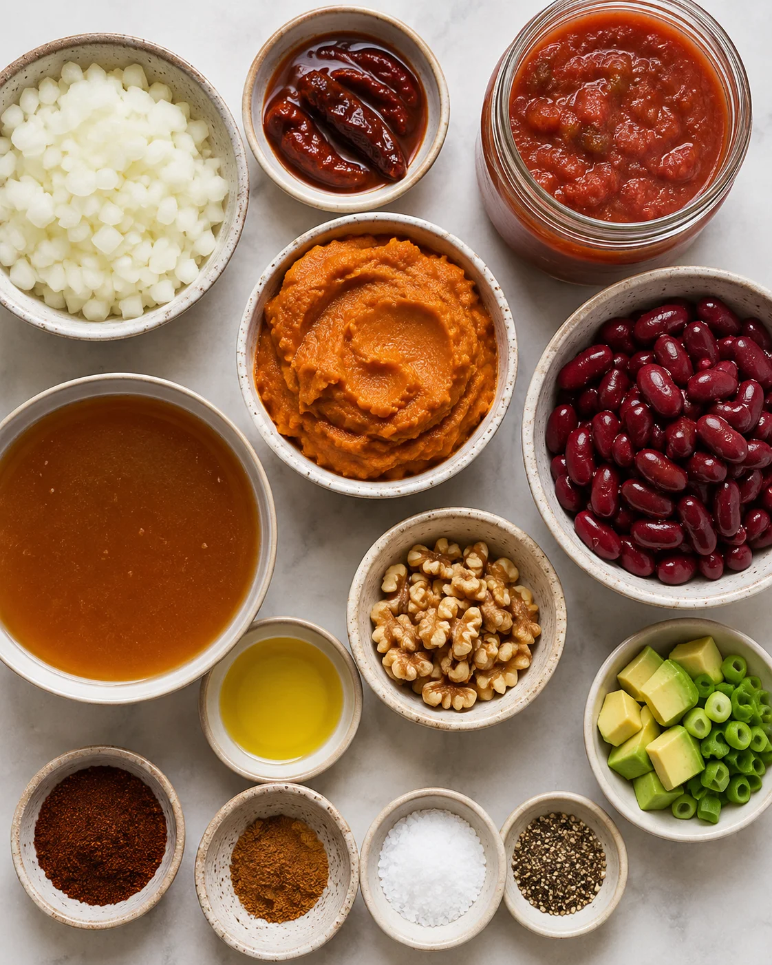 top-down view of bowls with onions, beans, avocado, hummus, sauces, and spices on marble