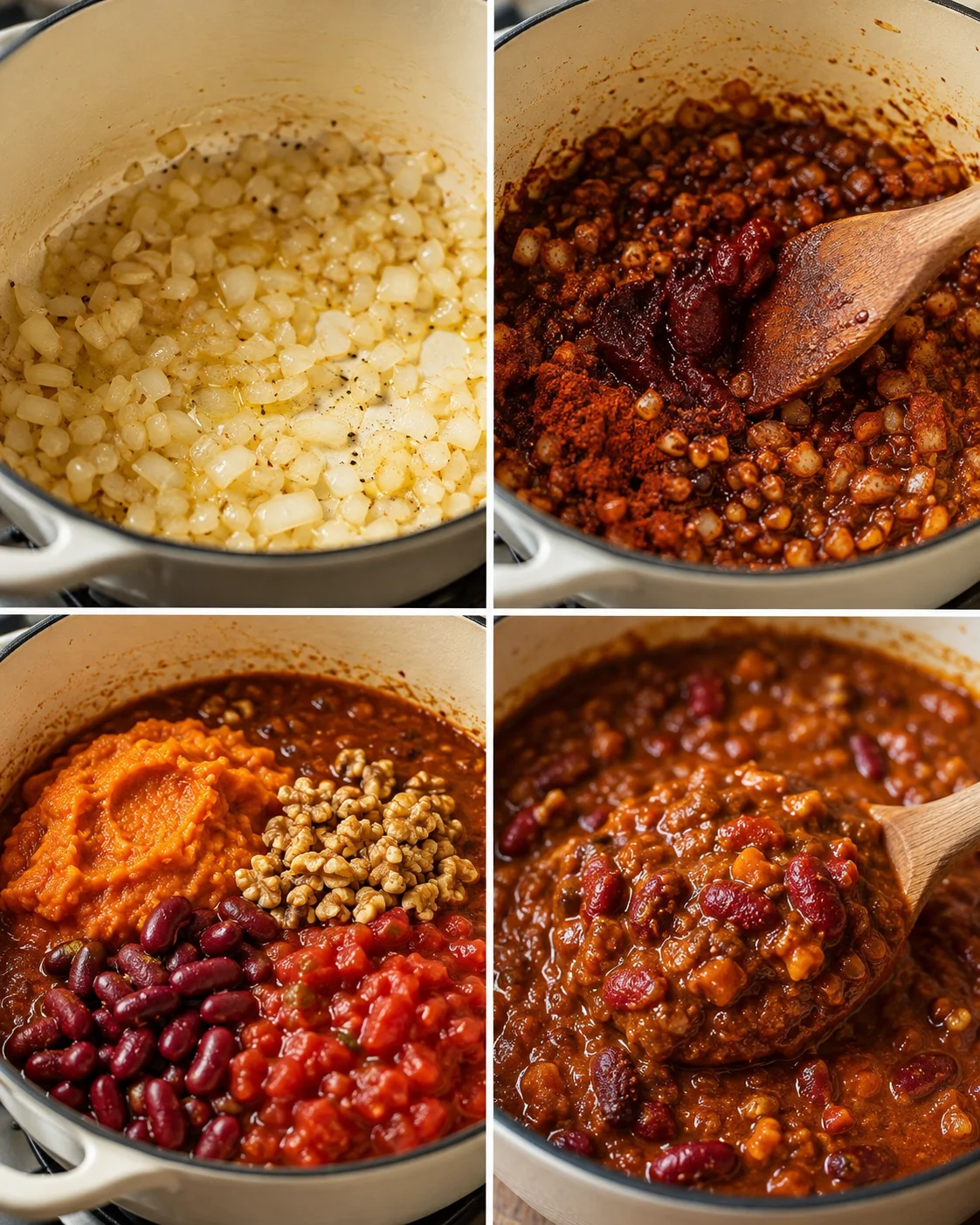 four-panel collage of onions, browned chili, sweet-potato purée, and beans in a pot