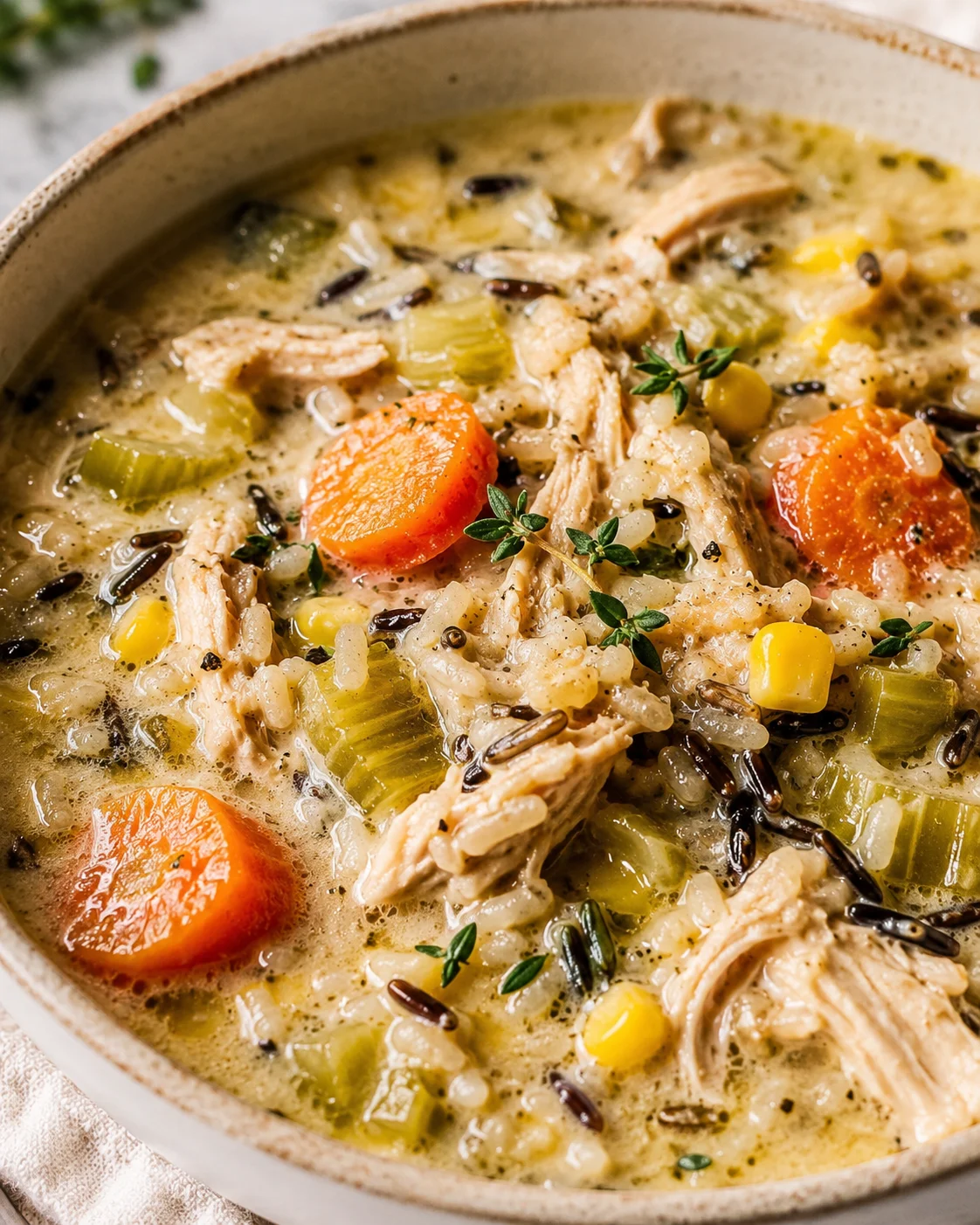Creamy chicken and wild rice soup with vegetables in a rustic pot