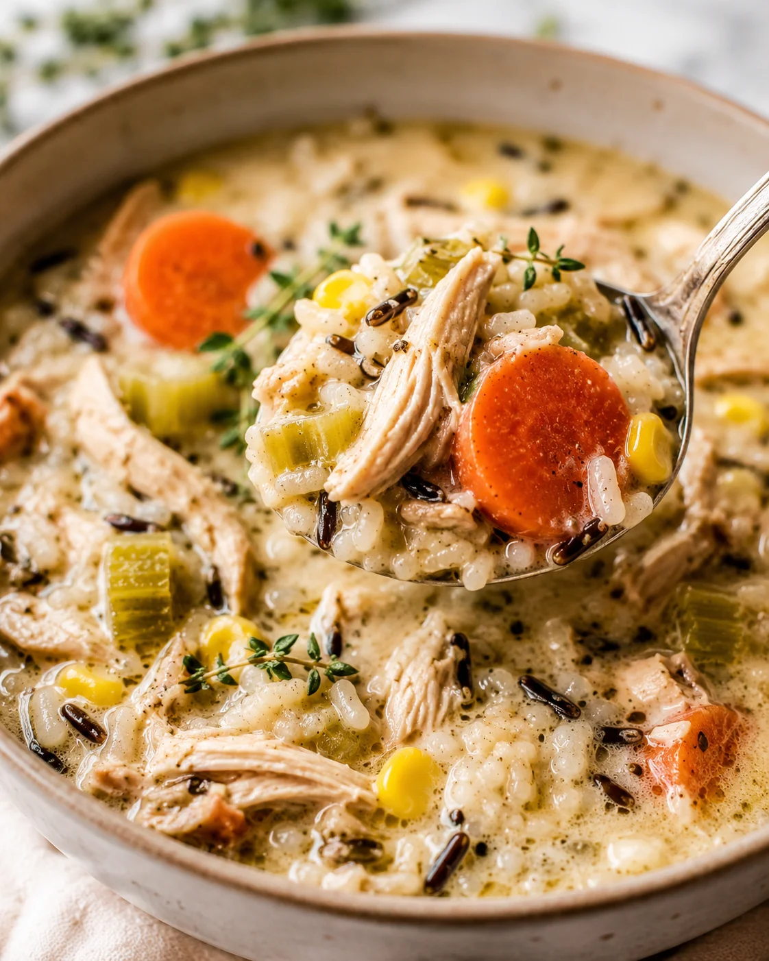 close-up of creamy chicken and wild rice soup with carrots, corn, and thyme in a pot