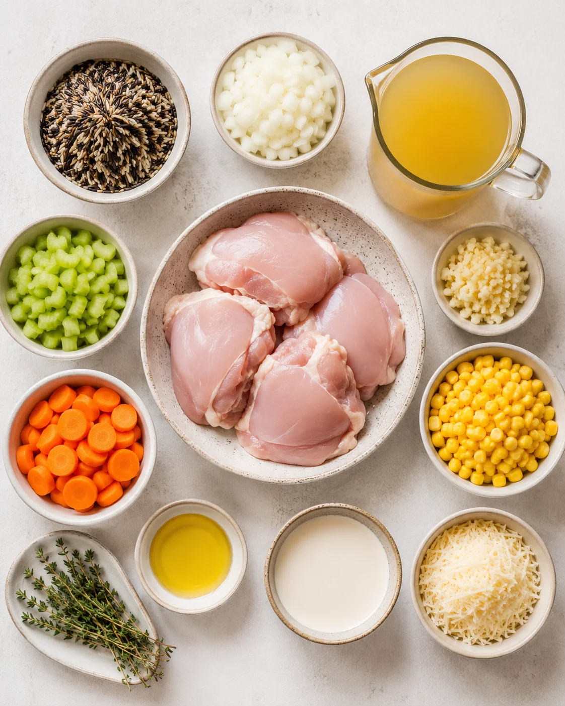 overhead view of raw chicken thighs surrounded by bowls of onions, celery, carrots, corn, rice, garlic, milk, and grated cheese.