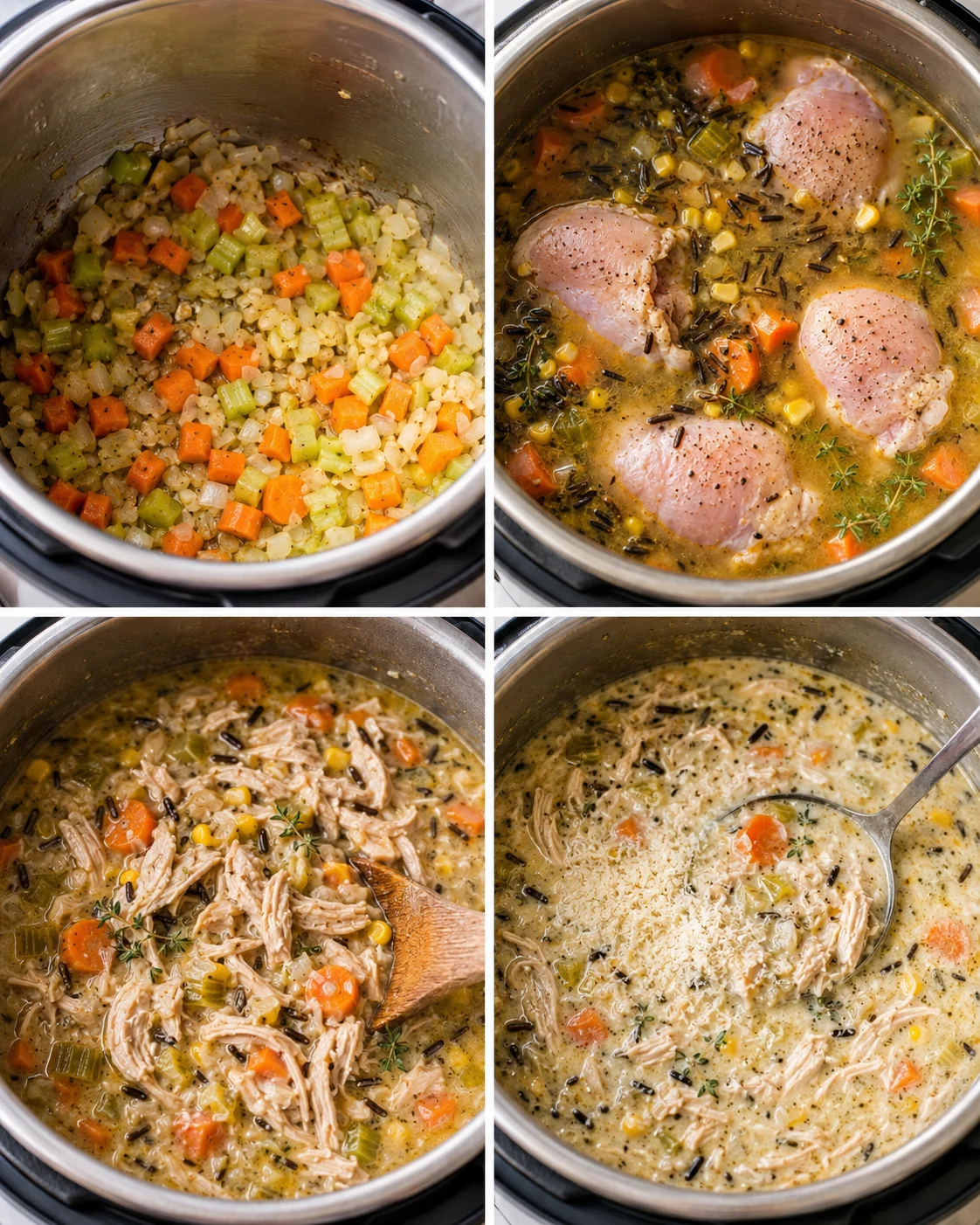 Collage showing sautéed vegetables, chicken simmering with herbs, and creamy chicken wild rice soup.