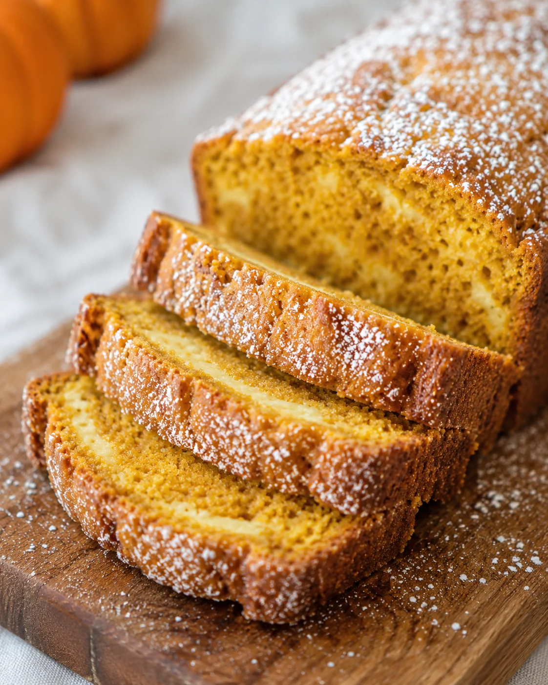 slices of pumpkin loaf cake on a wooden board, dusted with powdered sugar