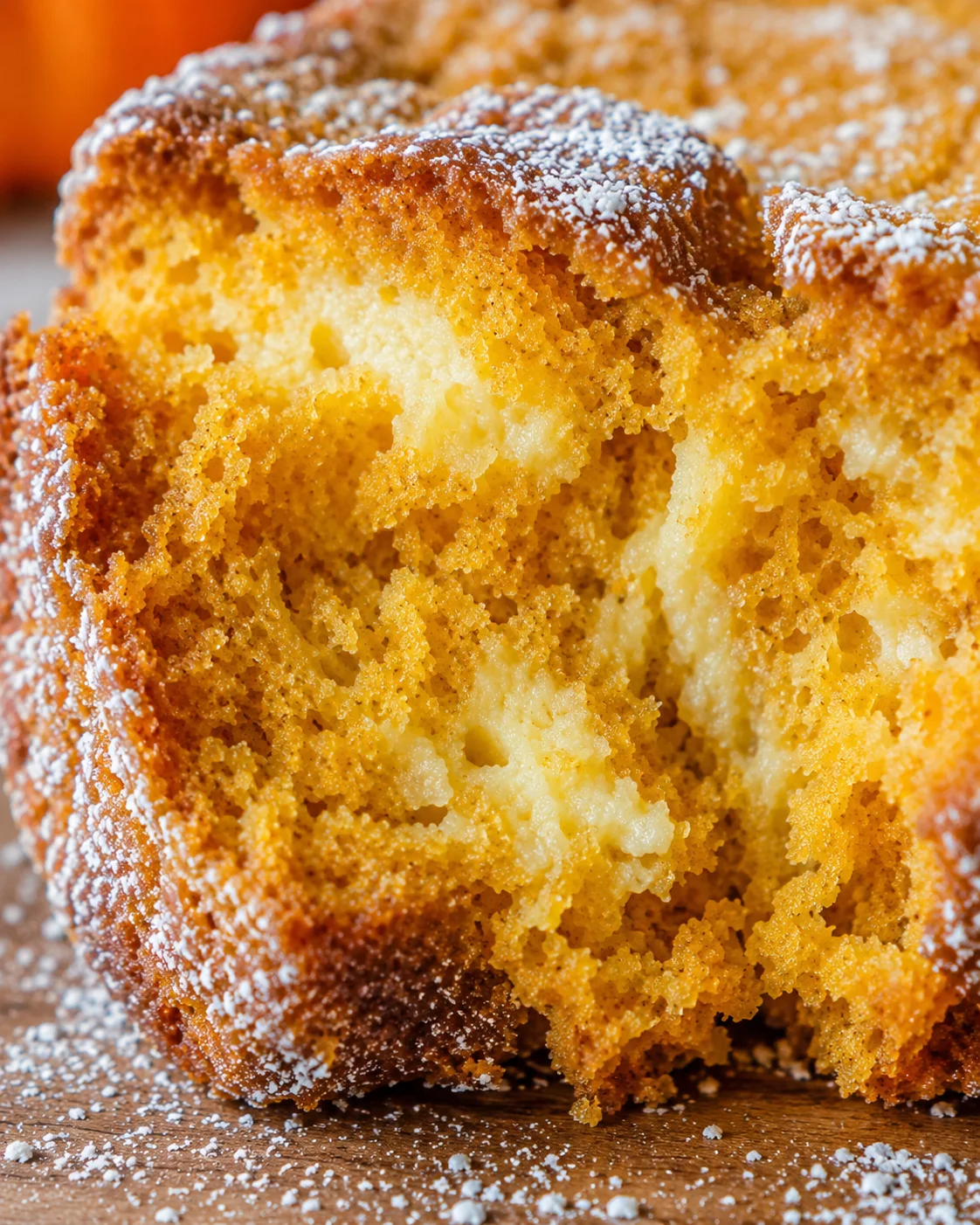 Close-up of a golden sponge cake with airy crumb and powdered sugar dusting