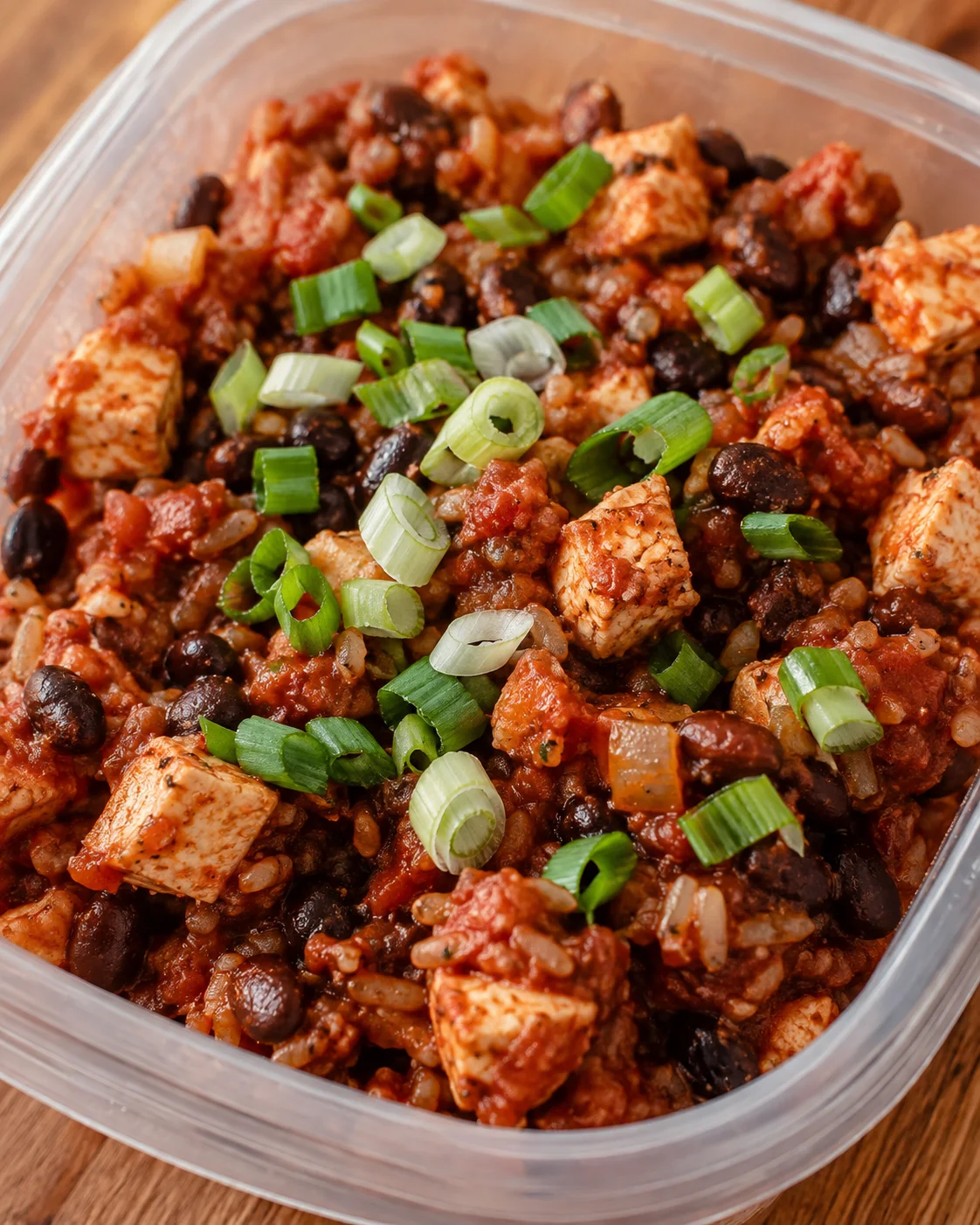 Chili-style mix with beans, tomatoes, cubed white blocks, and sliced green onions in a plastic container.