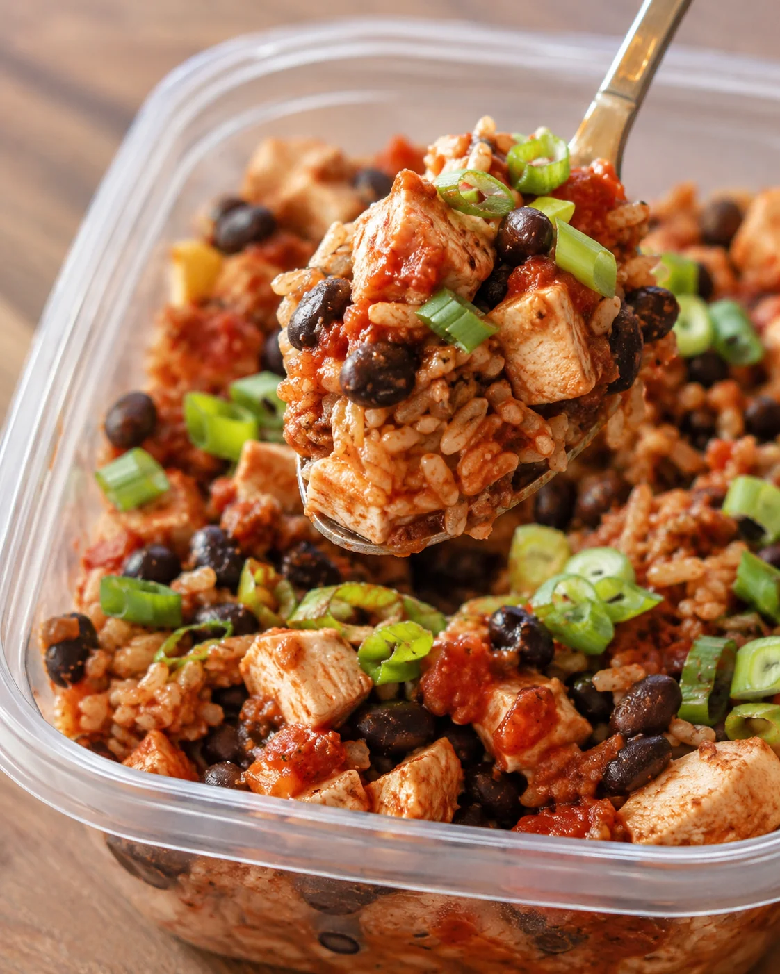 close-up of chicken, black beans, rice, and green onions in a clear plastic bowl