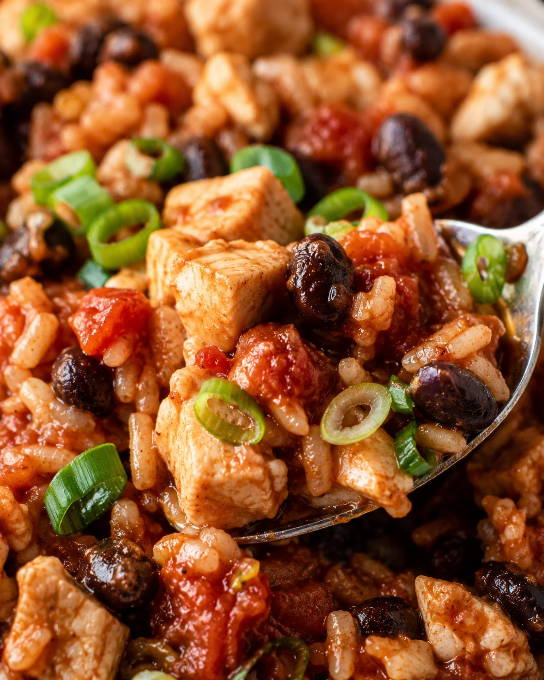 Close-up of a spoonful of chicken, beans, rice, tomatoes, and green onions in tomato sauce.