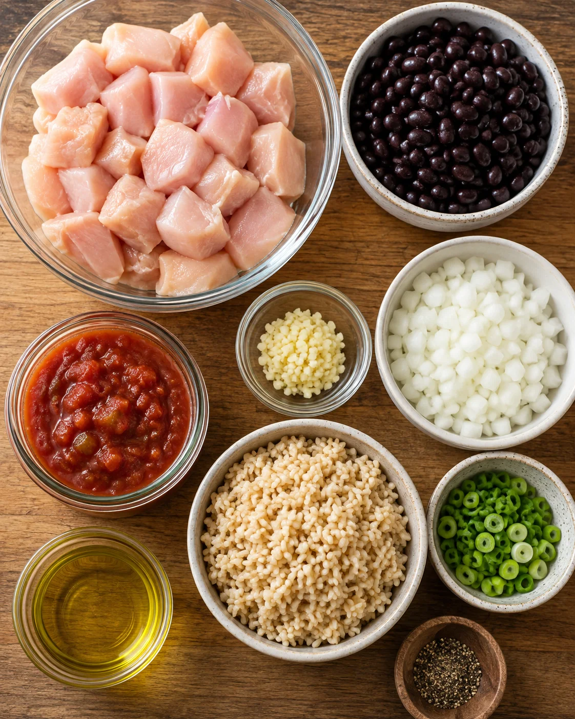 Ingredients for chicken burrito bowls including chicken, beans, rice, and toppings displayed on a wooden surface.