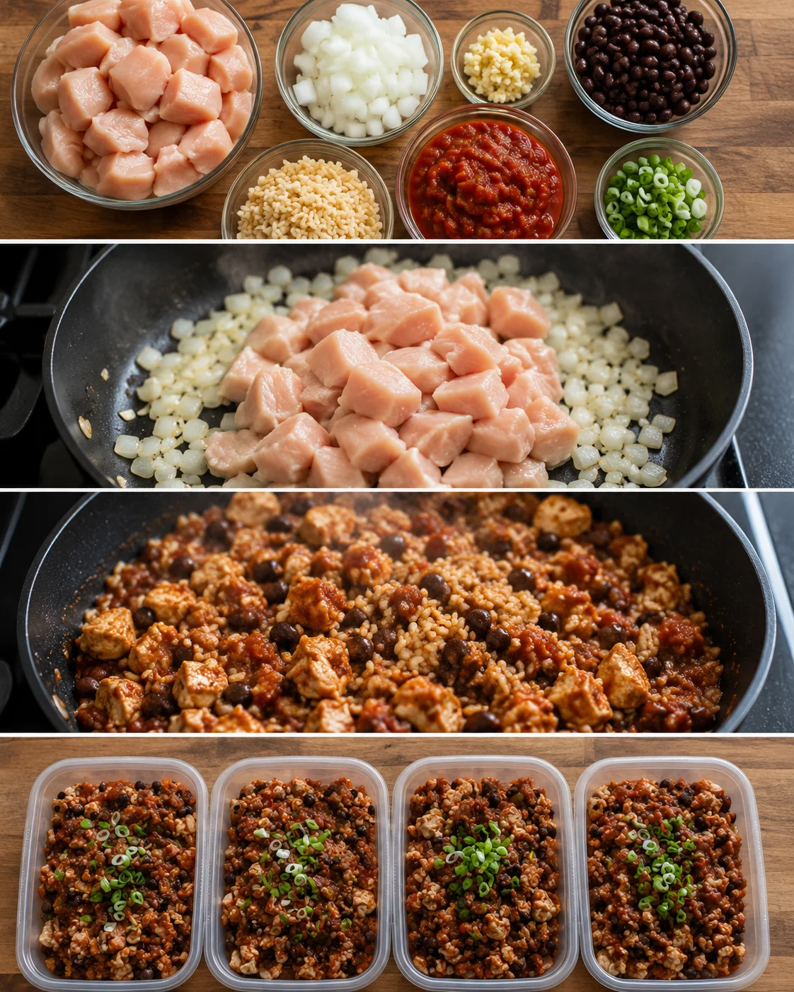 Step-by-step images of preparing chicken burrito bowls with ingredients and cooking process