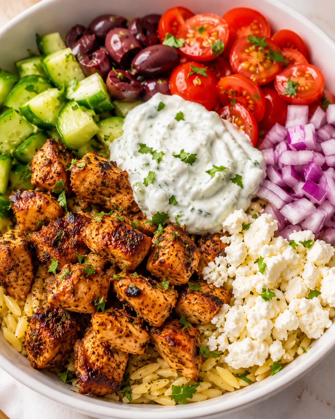 Colorful bowl of Mediterranean chicken with orzo, cucumber, olives, cherry tomatoes, red onion, feta, and tzatziki