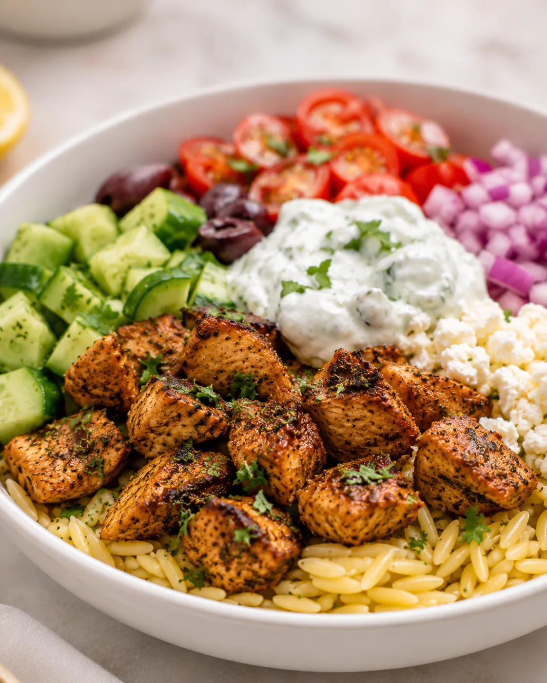 Colorful mediterranean bowl with orzo, roasted chicken, cucumbers, tomatoes, olives, feta, and yogurt-herb sauce.
