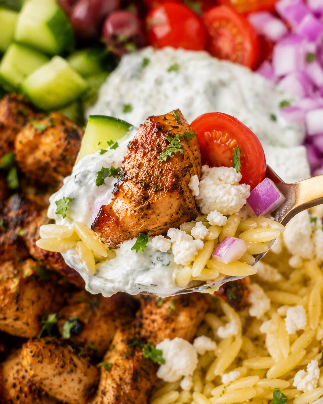 Close-up of grilled chicken atop orzo with feta, tomato, red onion, cucumber and tzatziki.