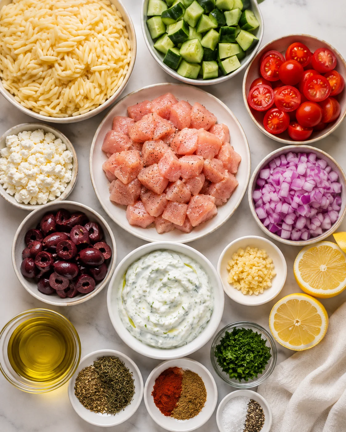 Overhead view of arranged ingredients: cubed chicken, orzo, cucumber, tomatoes, onion, olives, feta, yogurt sauce.