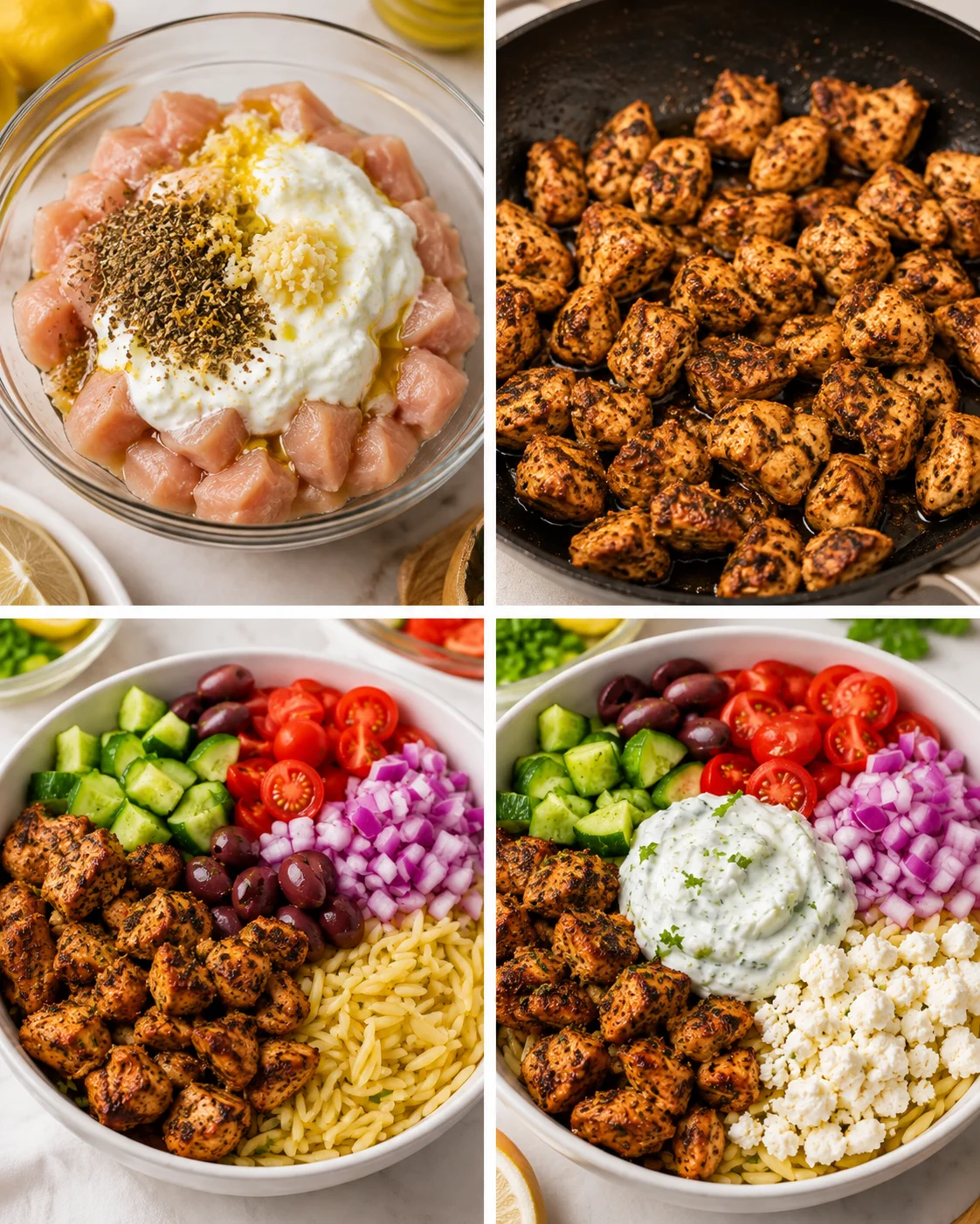 collage showing marinated raw chicken, pan-seared chicken bites, and bowls of vegetables with olives and tzatziki
