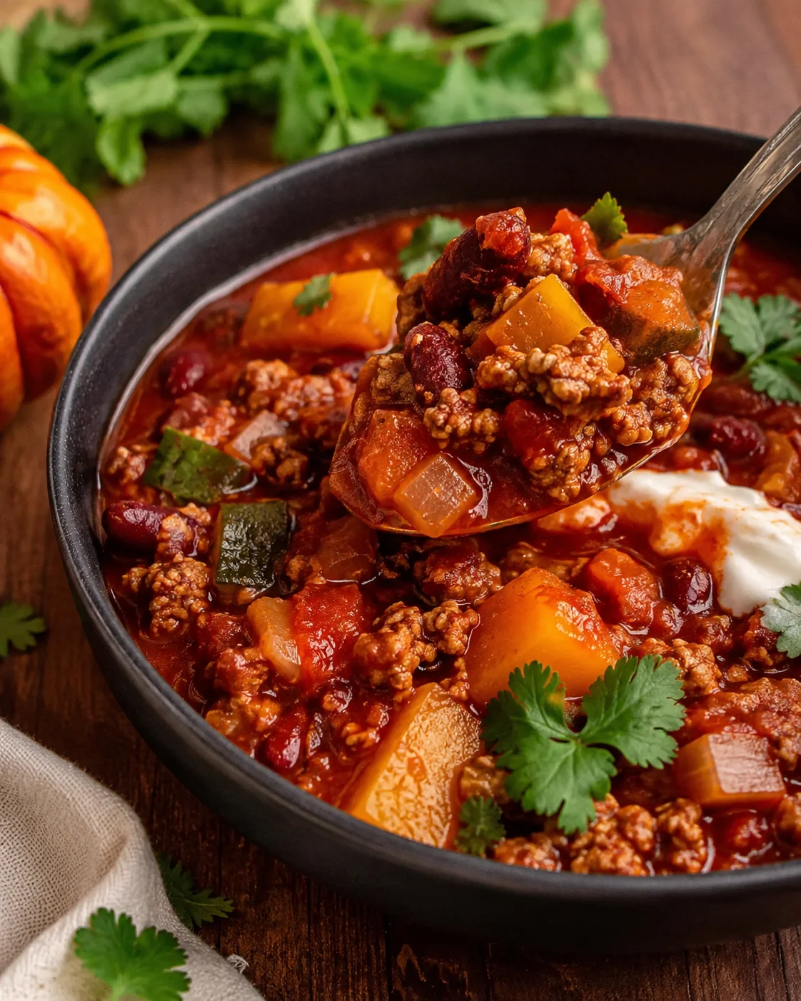 Close-up of a hearty beef chili in a black pot with beans, vegetables, and cilantro garnish.