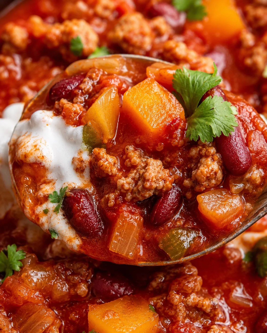 Close-up spoonful of hearty chili with beans, meat, vegetables, sour cream.