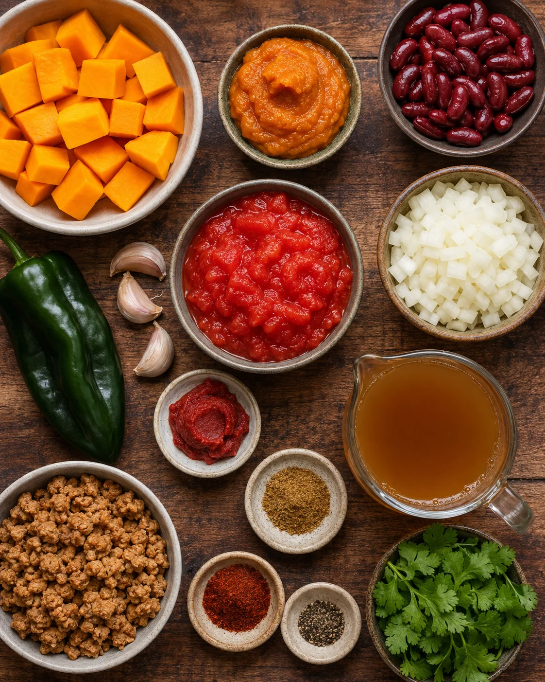 Assorted bowls of fresh vegetables and seasonings for vegan pumpkin chili