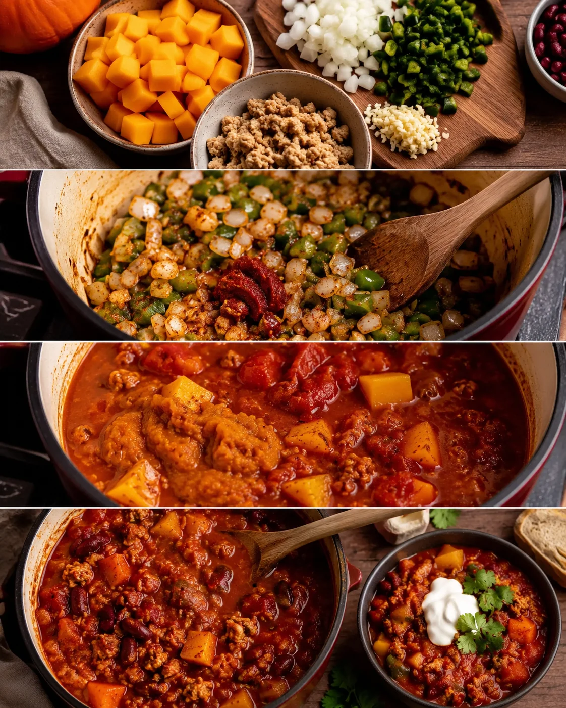 Step-by-step images of making hearty vegan pumpkin chili with vegetables and beans