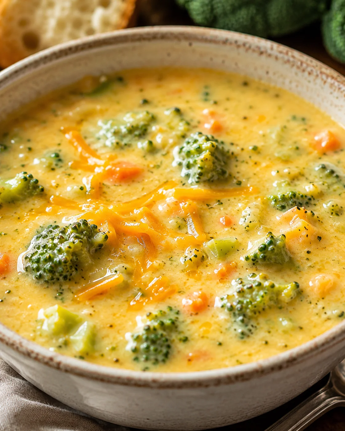 Creamy broccoli cheddar soup with broccoli florets and carrot pieces in a speckled ceramic bowl.