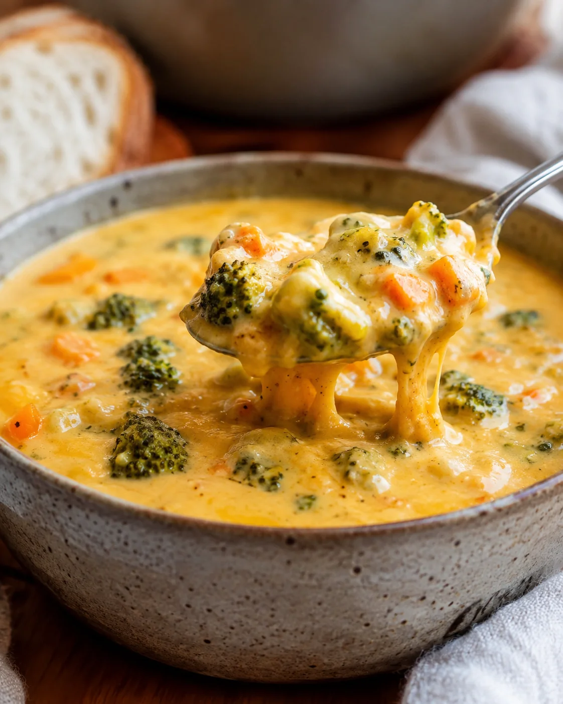 Close-up of creamy broccoli cheddar soup with broccoli florets and diced carrots in a speckled bowl.