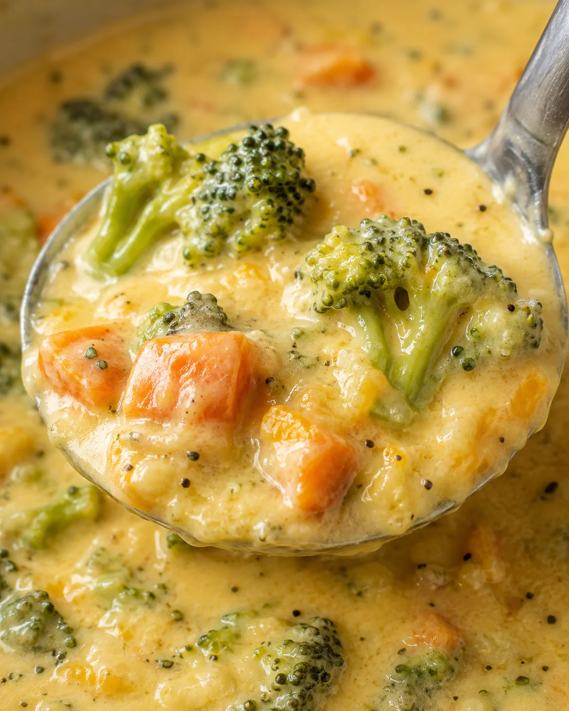 spoonful of creamy broccoli cheddar soup with broccoli florets and carrot chunks