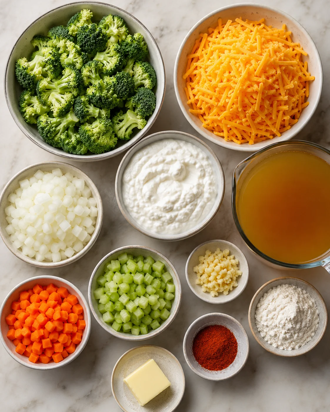 Creamy broccoli cheddar soup with shredded cheese, cottage cheese, and fresh vegetables