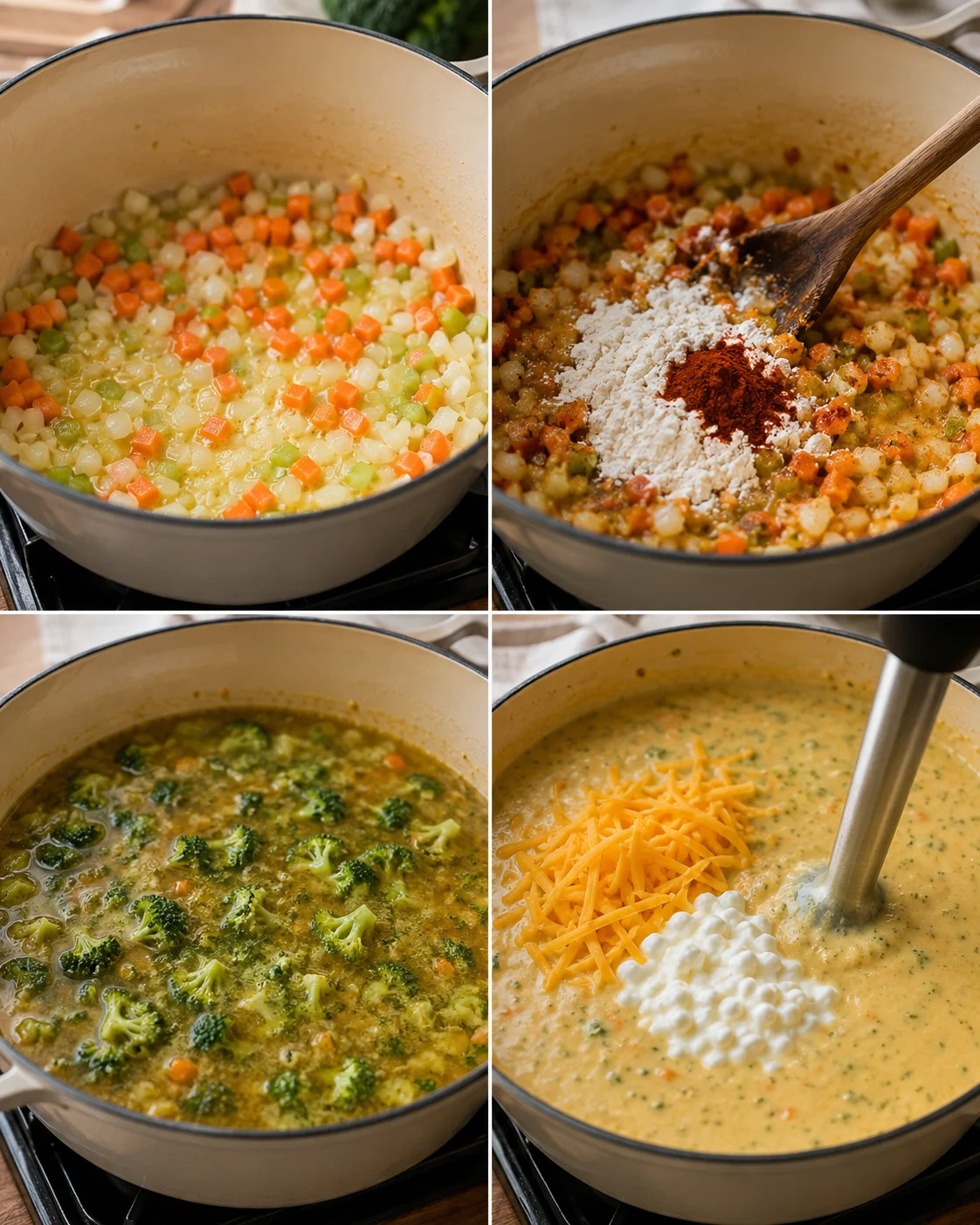 A cozy bowl of high protein broccoli cheddar soup with tender broccoli and carrots