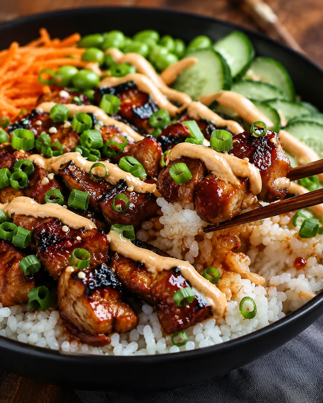 bowl of white rice topped with glazed pork, cucumber, carrot, edamame, and green onions