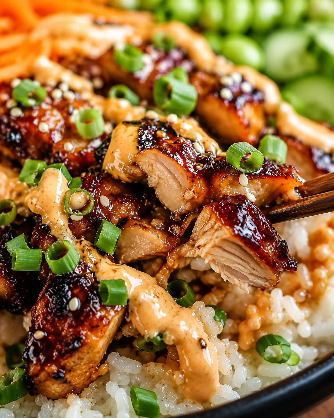 Close-up of glossy glazed chicken on rice, topped with sesame seeds and green onions.