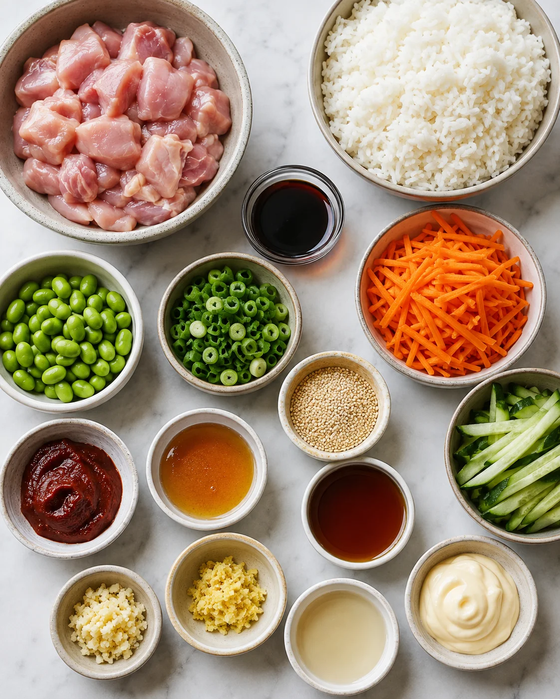 Overhead view of bowls with chicken, rice, vegetables, and sauces arranged for stir-fry.