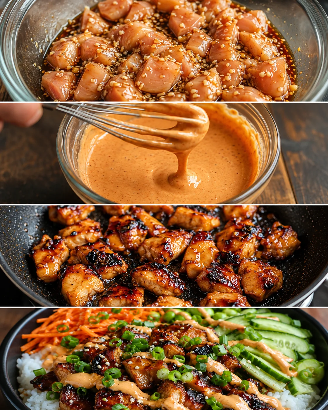 Four-panel collage showing marinated chicken, creamy sauce being whisked, glazed chicken bites, and a rice bowl with veggies.