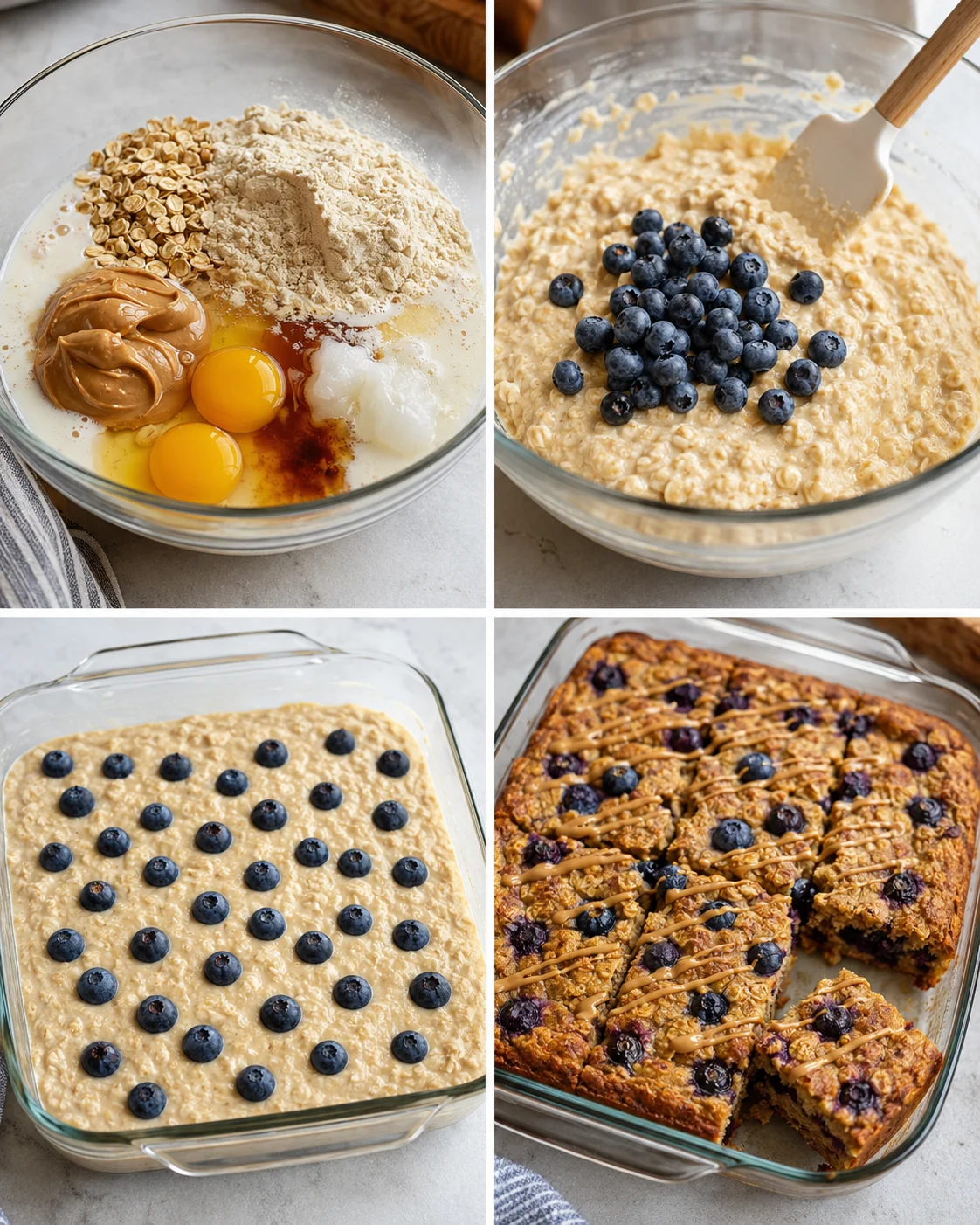 collage of blueberry oat bars showing ingredients, batter, blueberries on top, and baked bars with drizzle