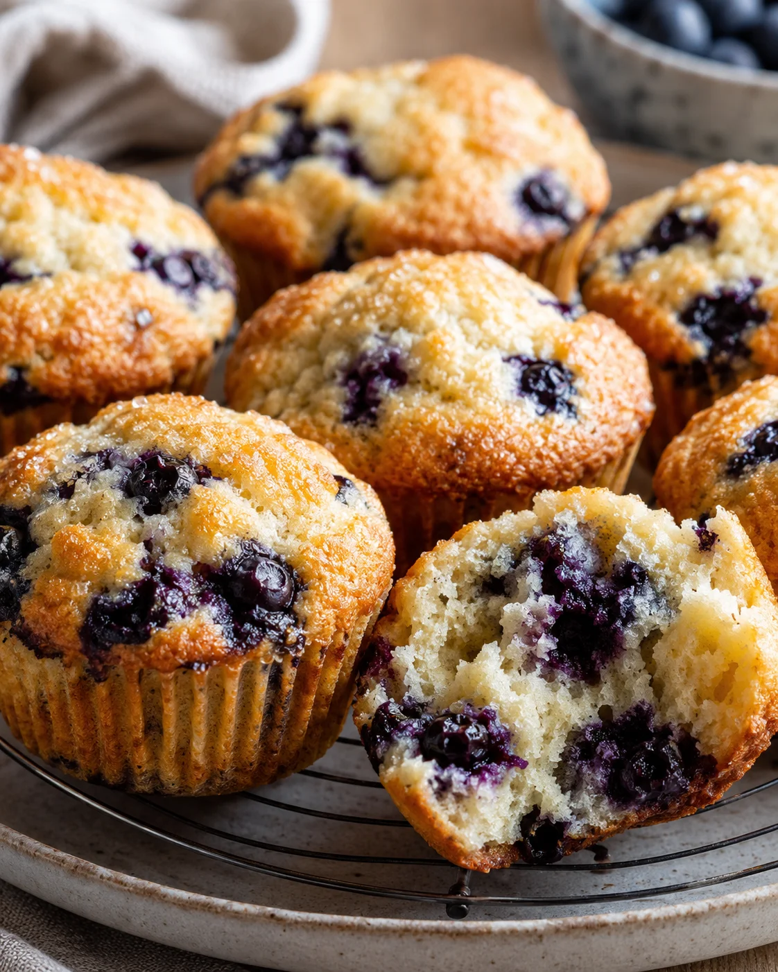 Golden blueberry muffins with blueberries visible on a cooling rack