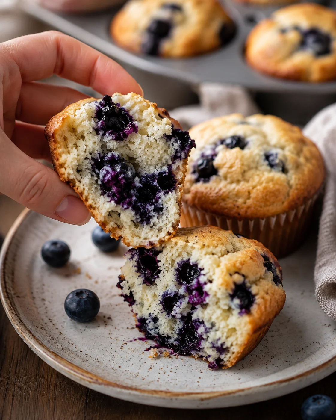 hand tearing open blueberry muffin over a speckled ceramic plate with blueberries
